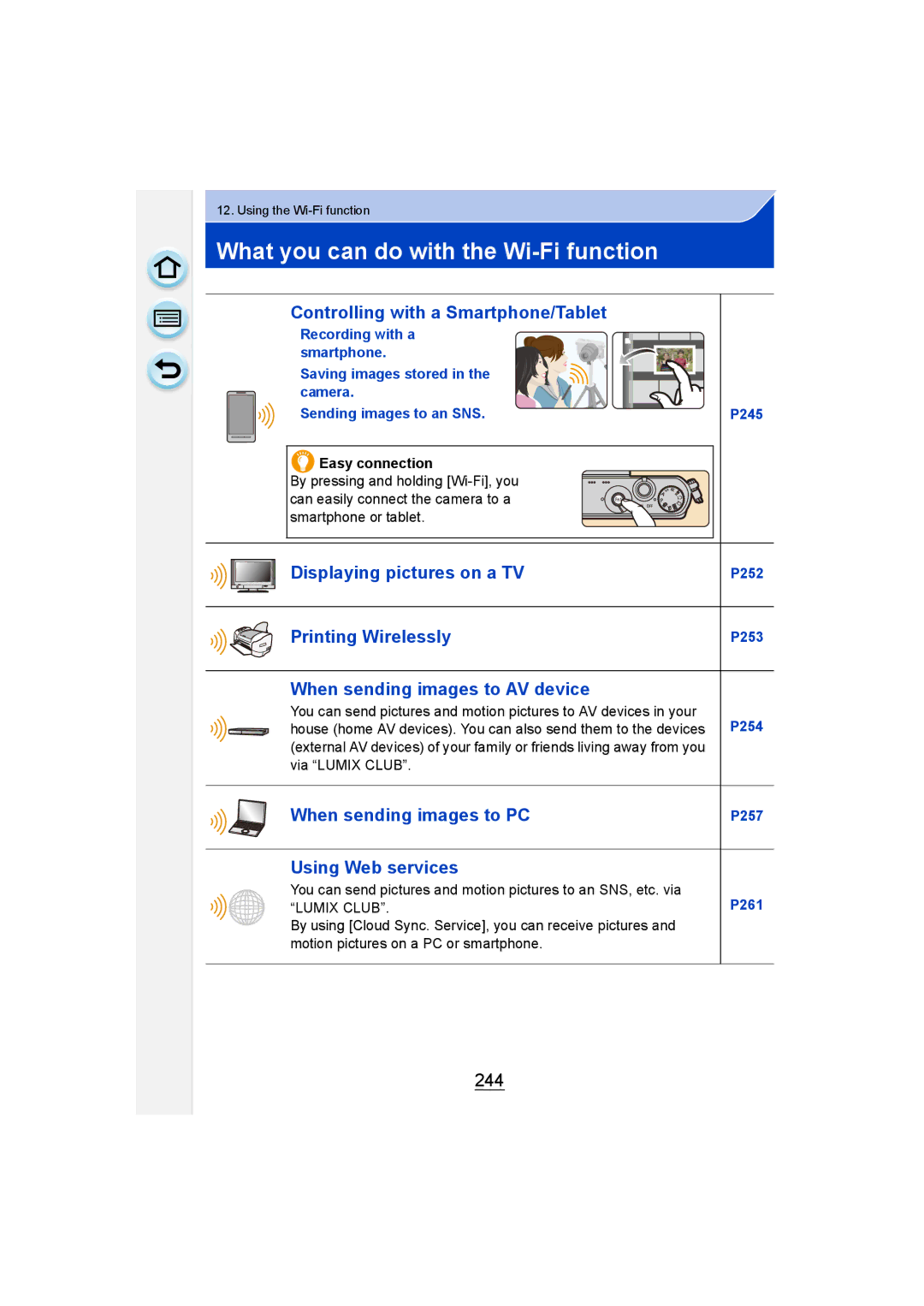 Panasonic DMC-GM1 owner manual What you can do with the Wi-Fi function, 244, Easy connection, Via Lumix Club 