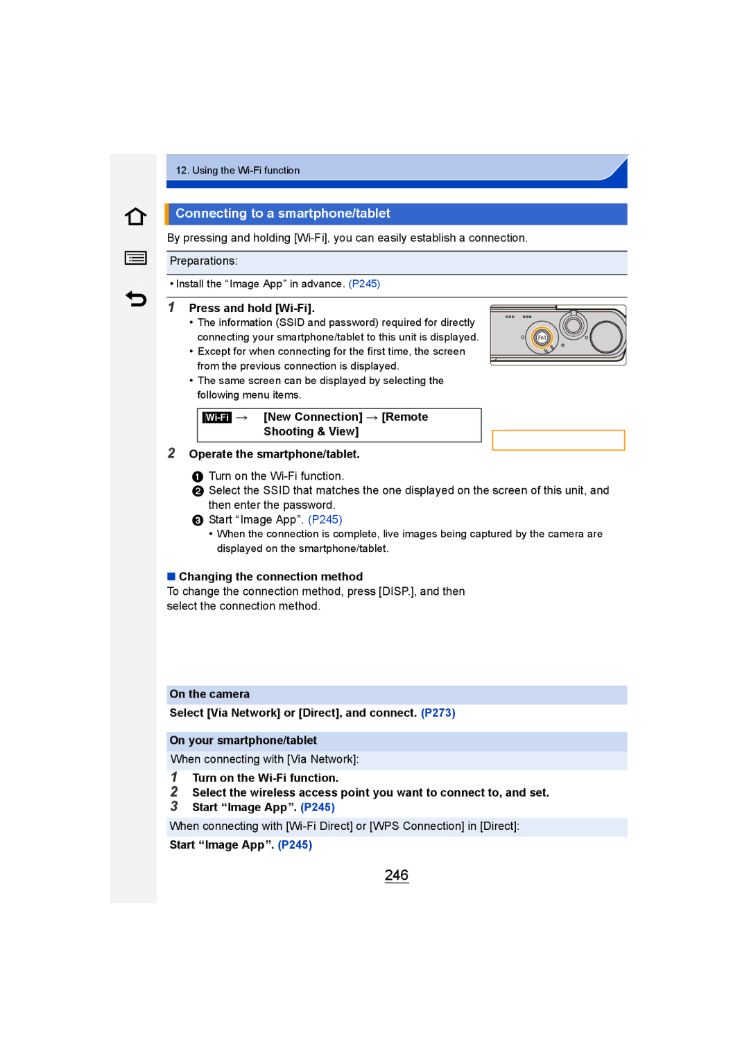 Panasonic DMC-GM1 owner manual 246, Connecting to a smartphone/tablet, Press and hold Wi-Fi, Changing the connection method 