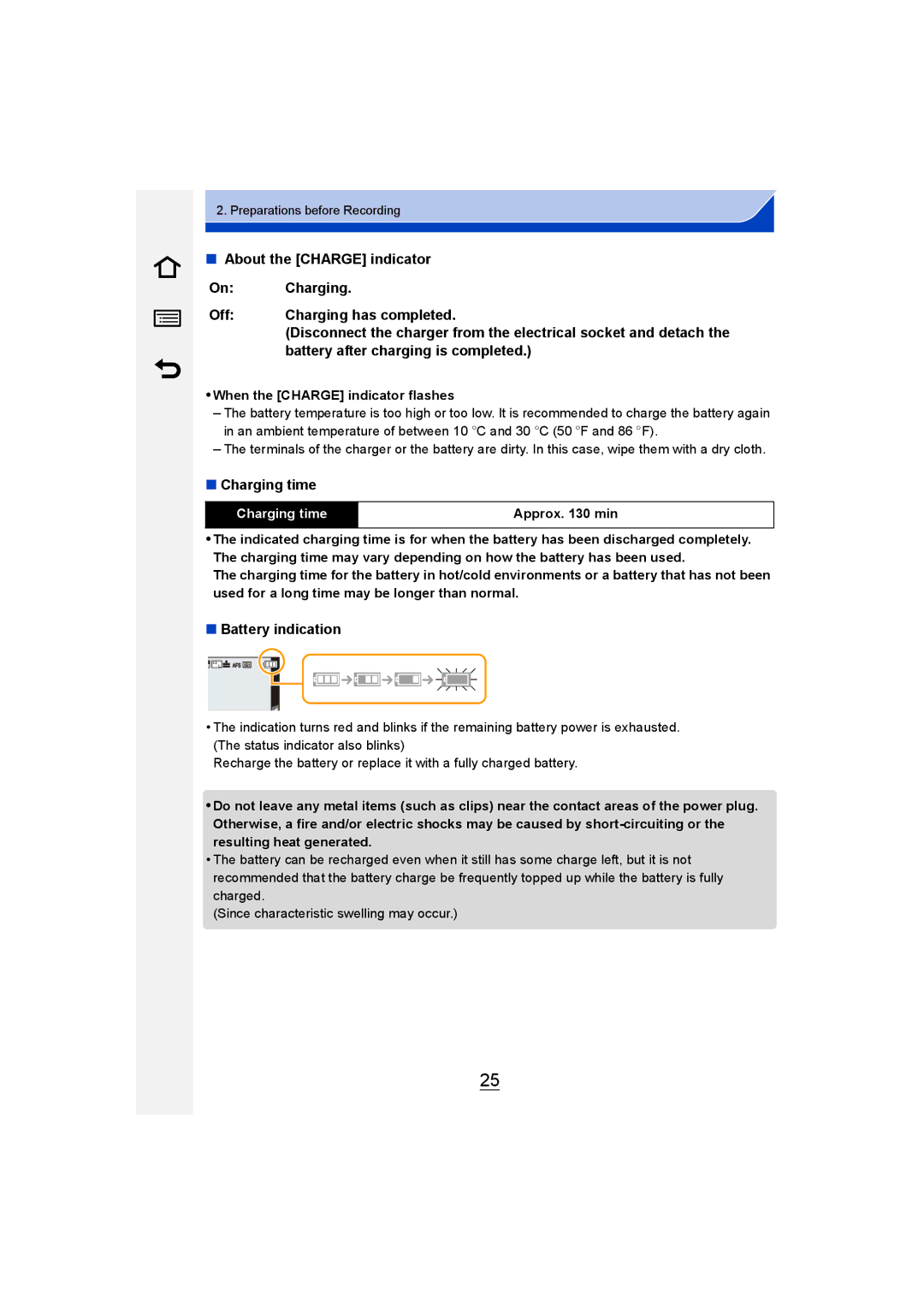 Panasonic DMC-GM1 owner manual Battery after charging is completed, Charging time, Battery indication 