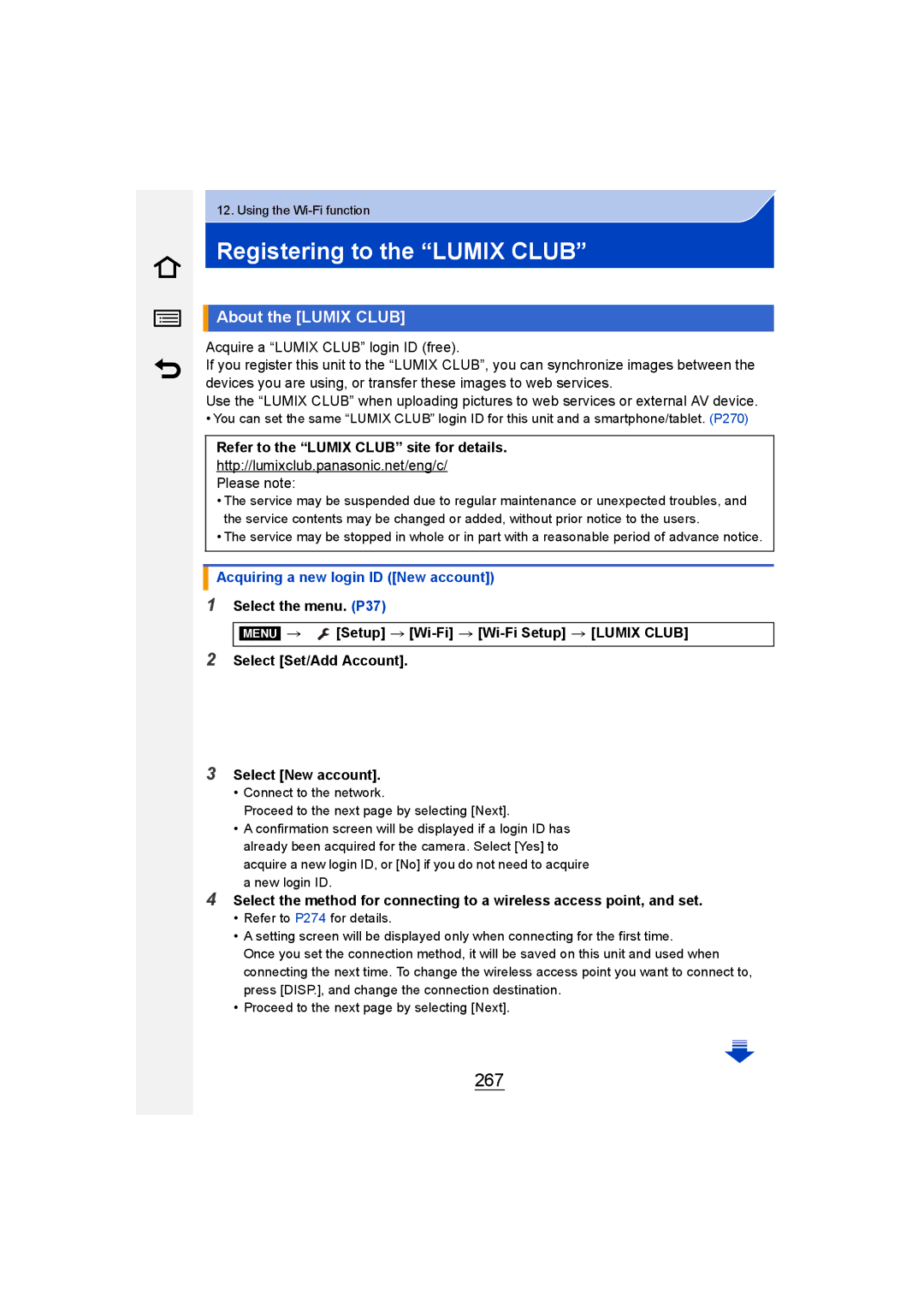 Panasonic DMC-GM1 Registering to the Lumix Club, 267, About the Lumix Club, Refer to the Lumix Club site for details 