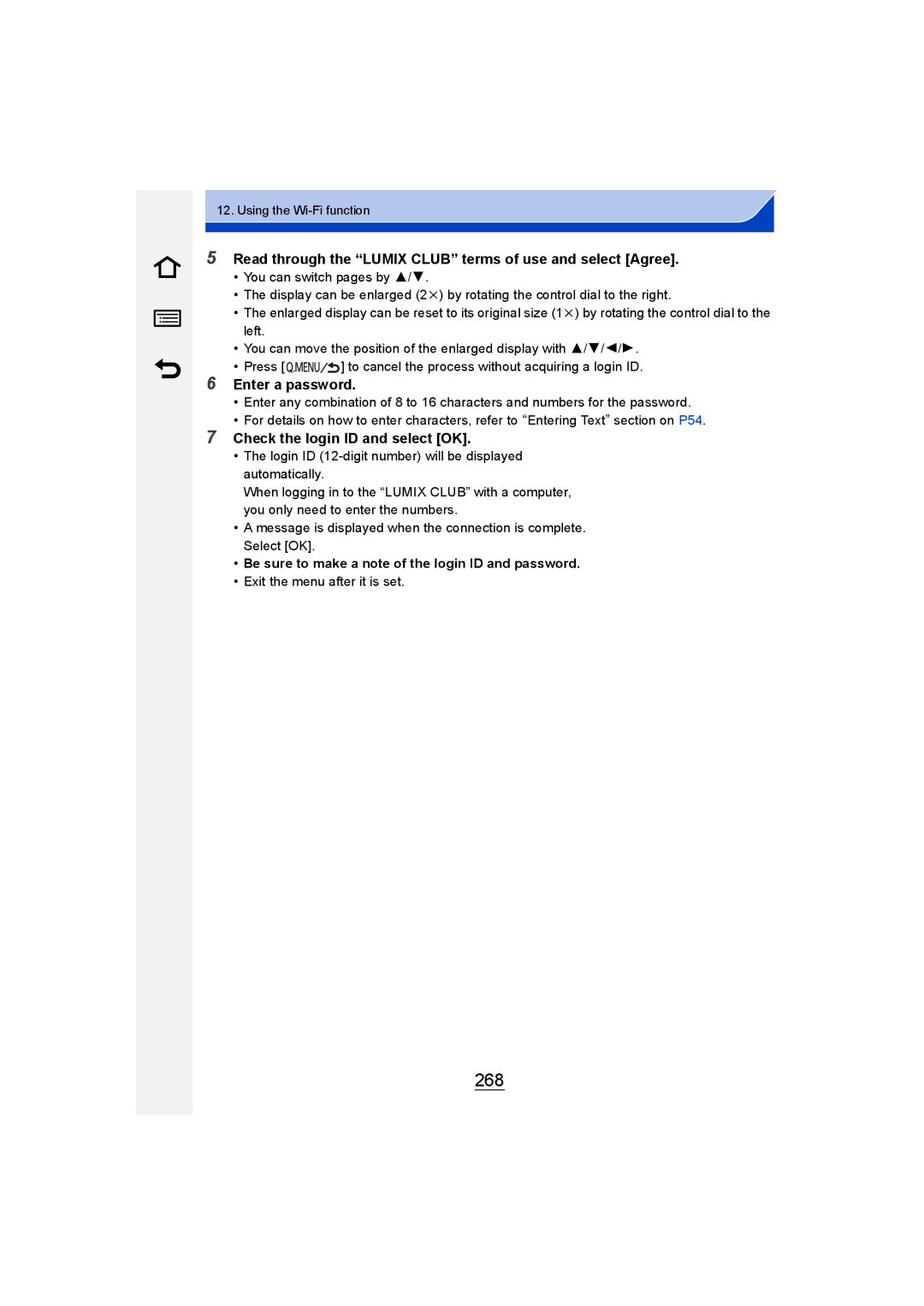 Panasonic DMC-GM1 owner manual 268, Read through the Lumix Club terms of use and select Agree, Enter a password 