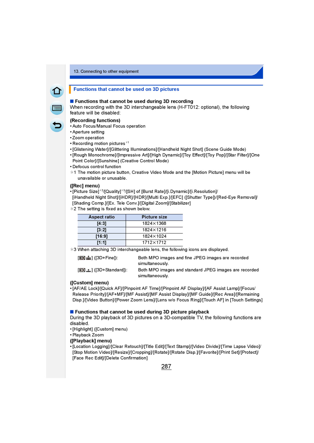 Panasonic DMC-GM1 owner manual 287, Functions that cannot be used on 3D pictures 