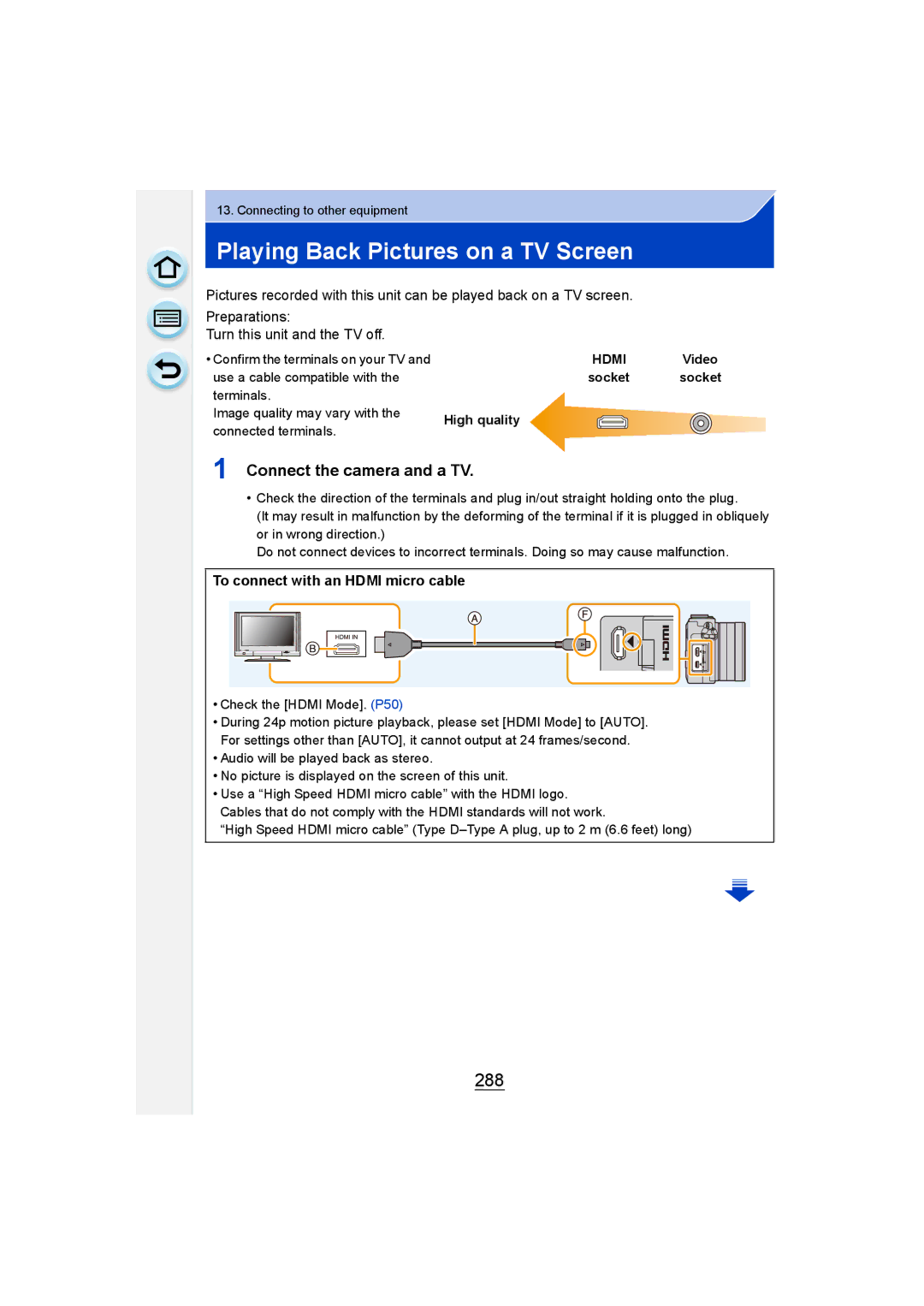 Panasonic DMC-GM1 owner manual Playing Back Pictures on a TV Screen, 288, Connect the camera and a TV 