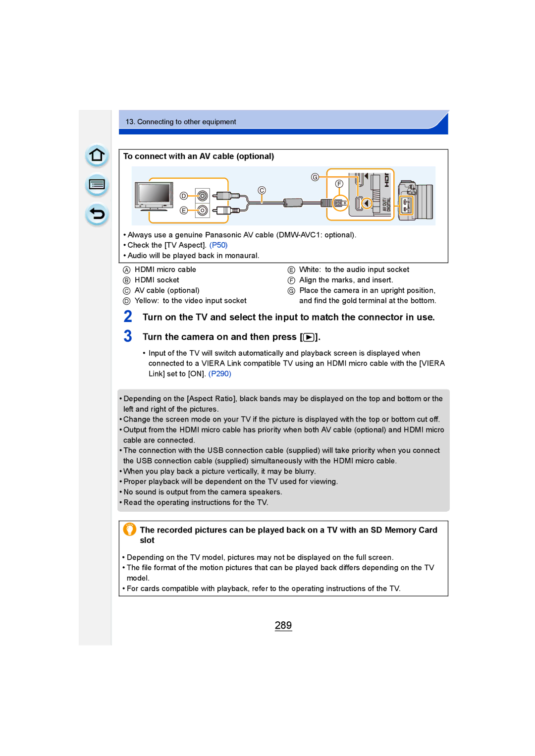 Panasonic DMC-GM1 owner manual 289, To connect with an AV cable optional 