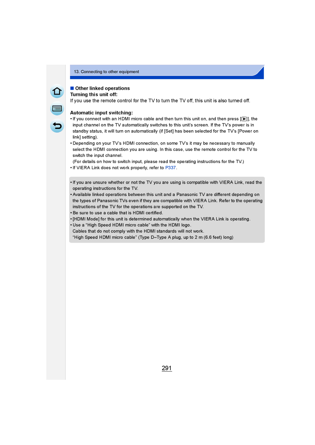 Panasonic DMC-GM1 owner manual 291, Automatic input switching, Other linked operations Turning this unit off 