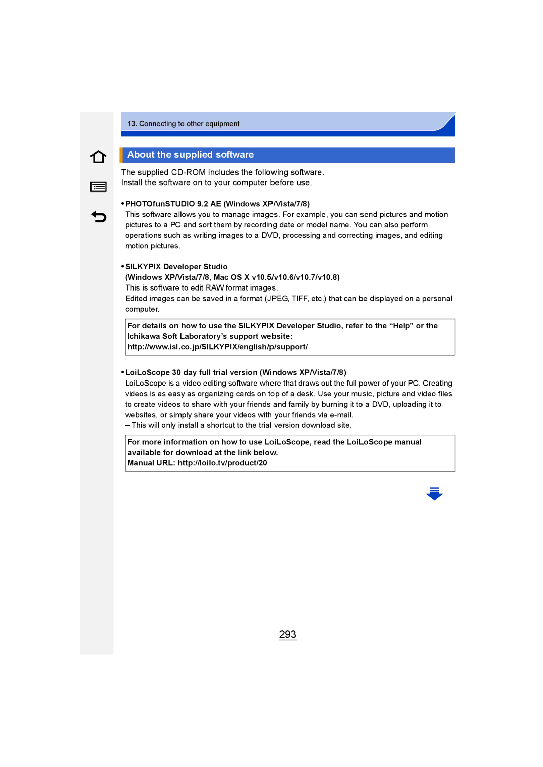 Panasonic DMC-GM1 293, About the supplied software, PHOTOfunSTUDIO 9.2 AE Windows XP/Vista/7/8, Silkypix Developer Studio 