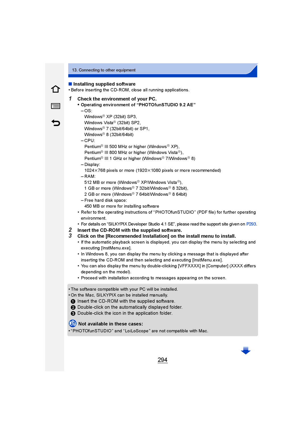 Panasonic DMC-GM1 owner manual 294, Installing supplied software, Check the environment of your PC 