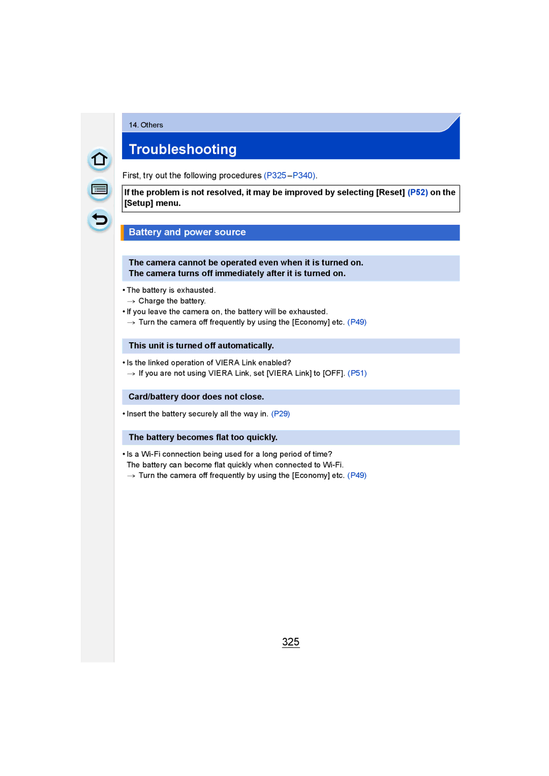 Panasonic DMC-GM1 owner manual Troubleshooting, 325, Battery and power source 