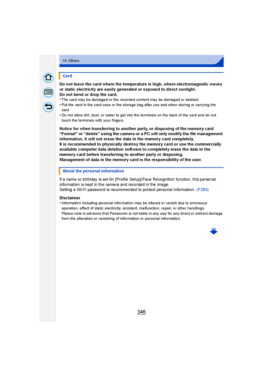 Panasonic DMC-GM1 owner manual 346, Card, Do not bend or drop the card, About the personal information, Disclaimer 