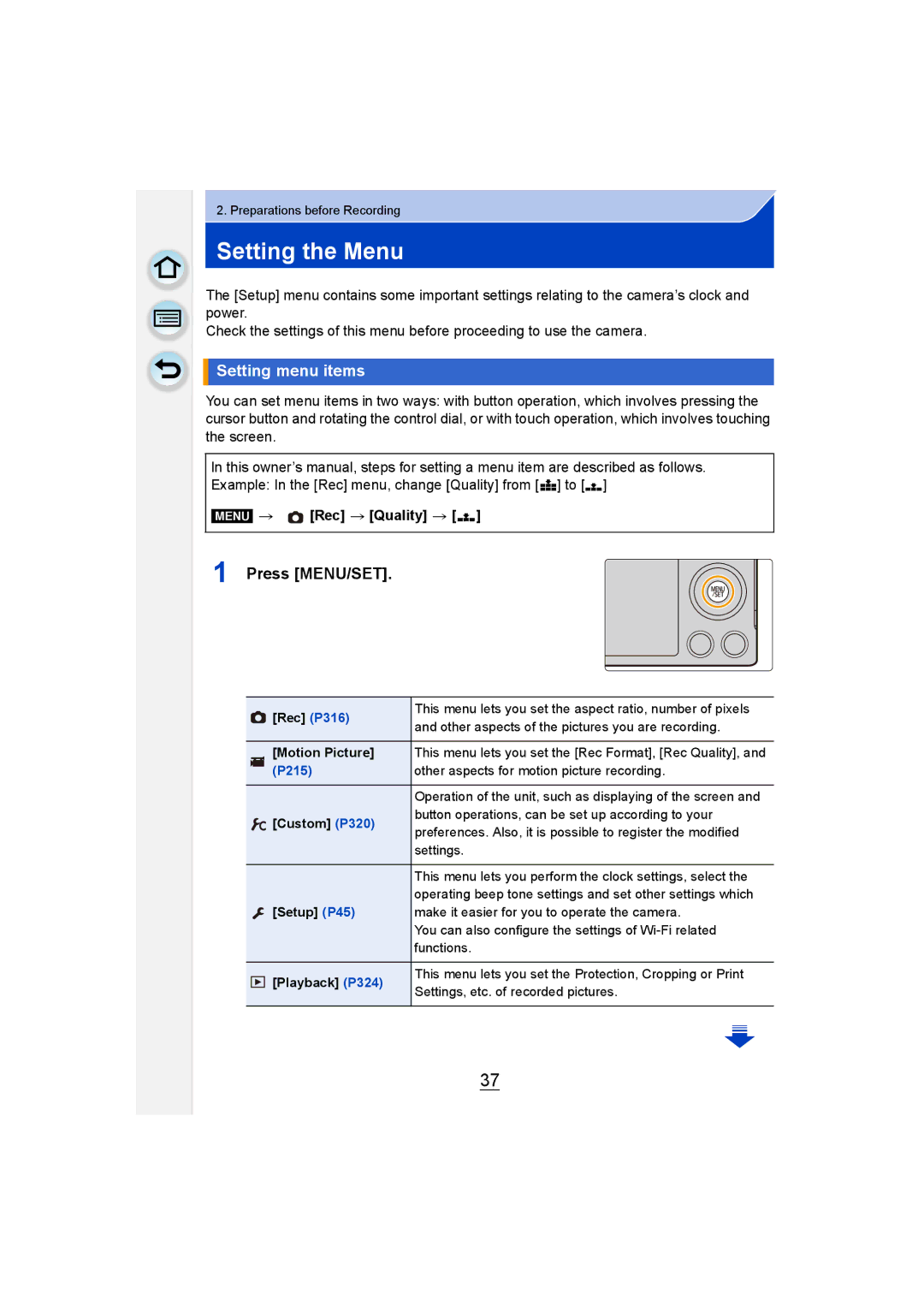 Panasonic DMC-GM1 owner manual Setting the Menu, Setting menu items, Press MENU/SET, Menu Rec Quality › 