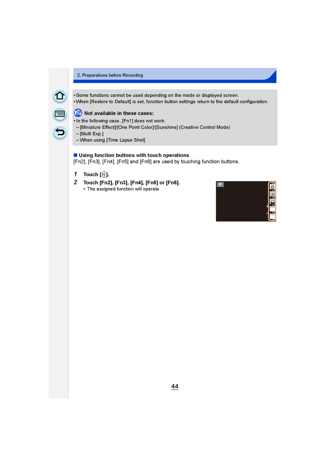 Panasonic DMC-GM1 owner manual Using function buttons with touch operations, Touch Touch Fn2, Fn3, Fn4, Fn5 or Fn6 