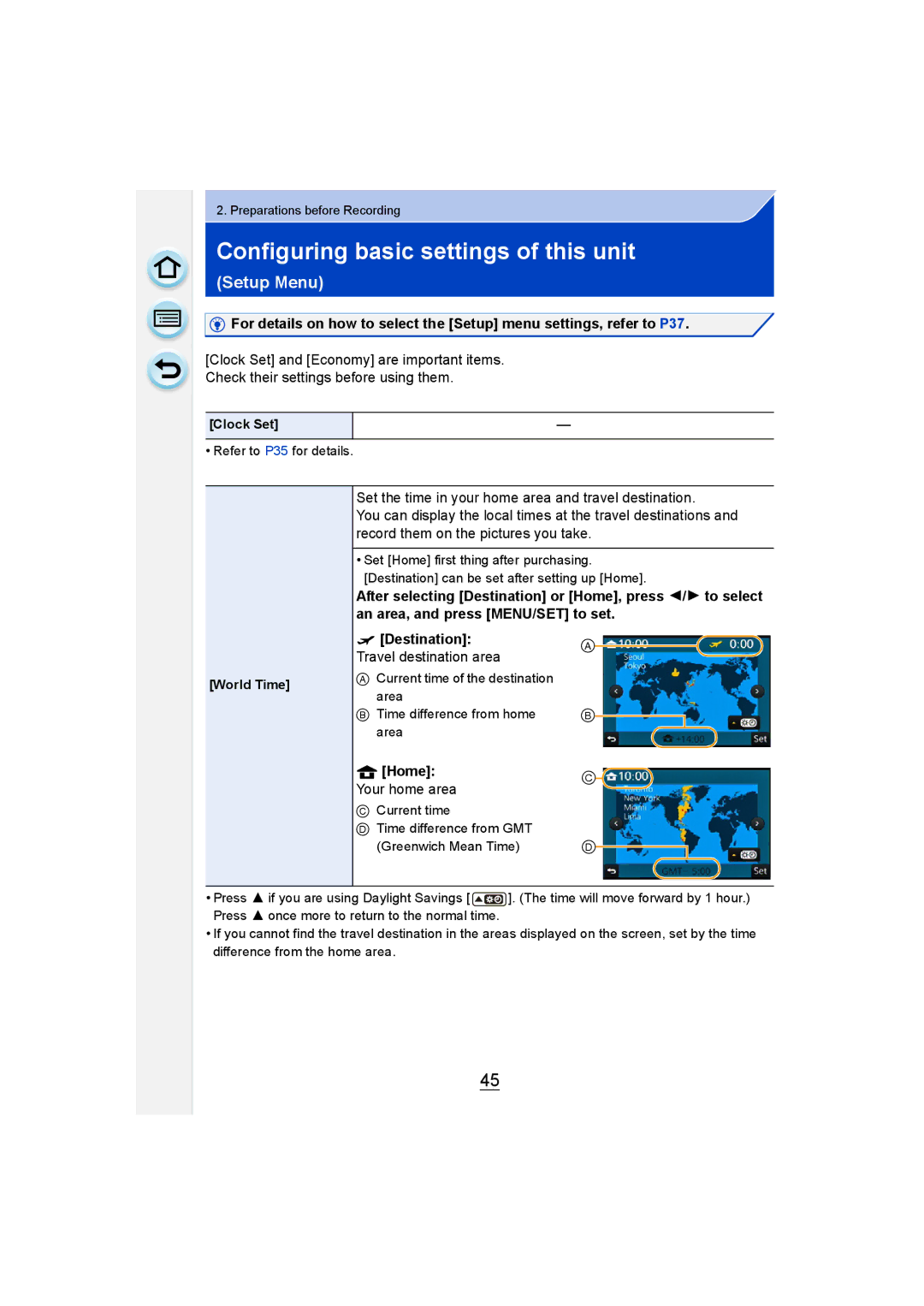 Panasonic DMC-GM1 Configuring basic settings of this unit, Setup Menu, Travel destination area, Home, Your home area 