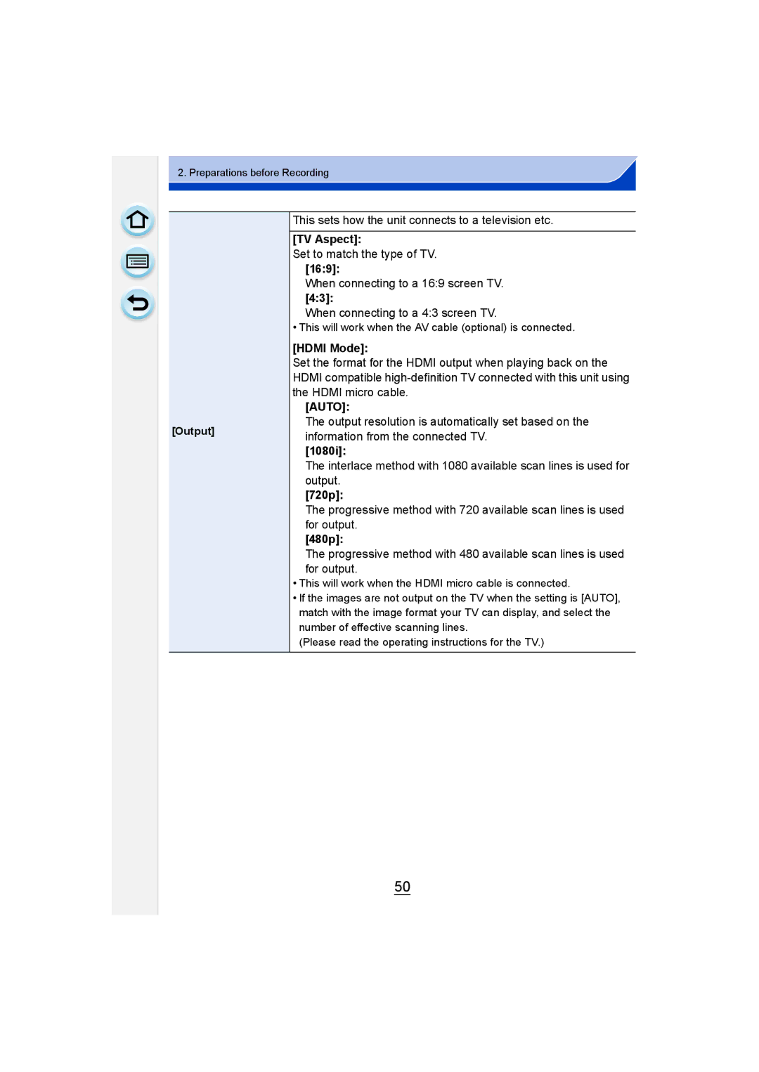 Panasonic DMC-GM1 owner manual TV Aspect, 169, Hdmi Mode, 1080i, 720p, 480p 