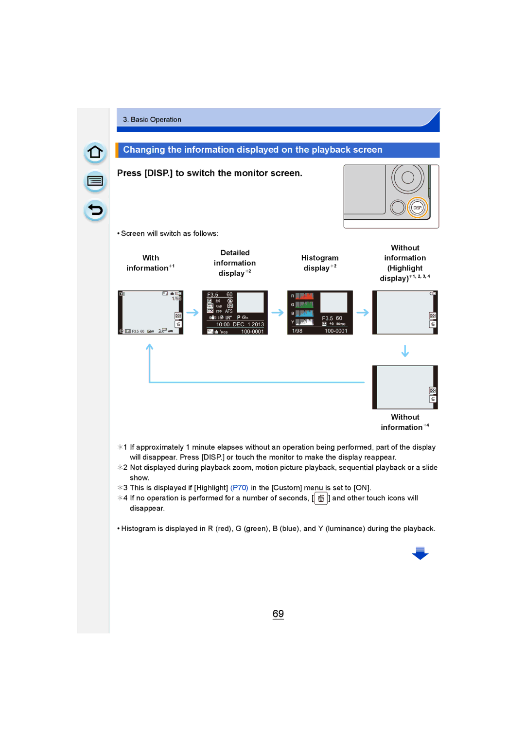 Panasonic DMC-GM1 Changing the information displayed on the playback screen, Press DISP. to switch the monitor screen 