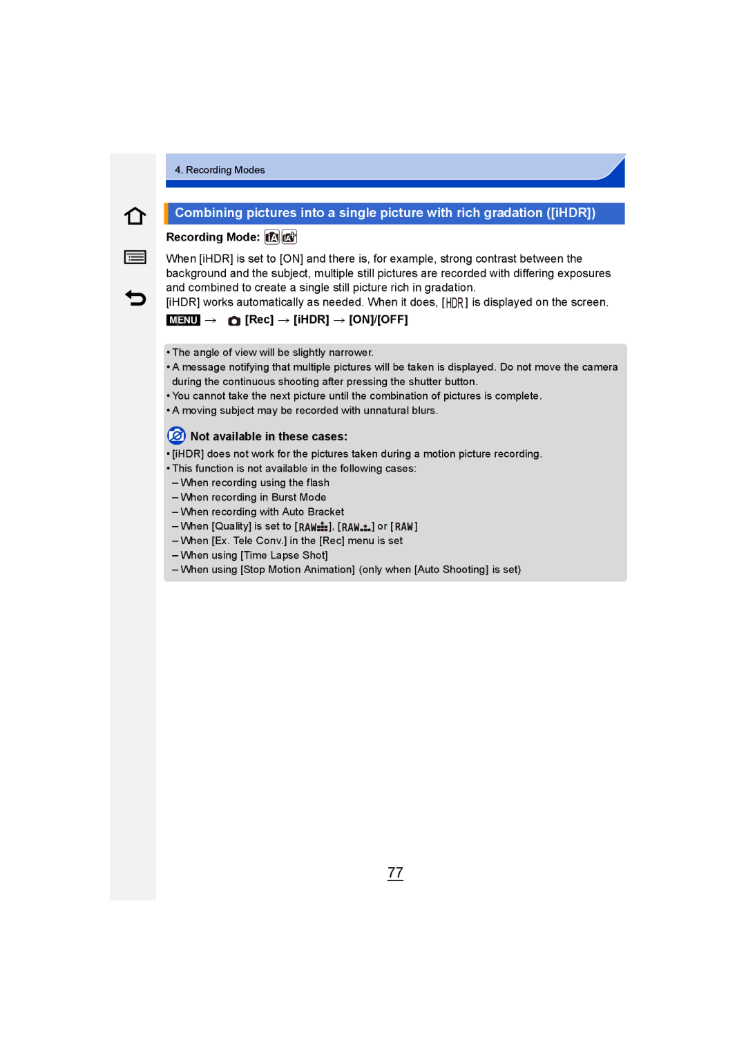 Panasonic DMC-GM1 owner manual Menu Rec iHDR ON/OFF 