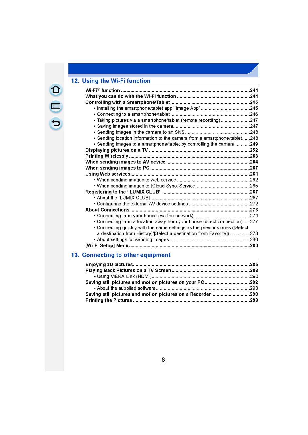 Panasonic DMC-GM1 owner manual Registering to the Lumix Club 267, About Connections 273, Wi-Fi Setup Menu 283 