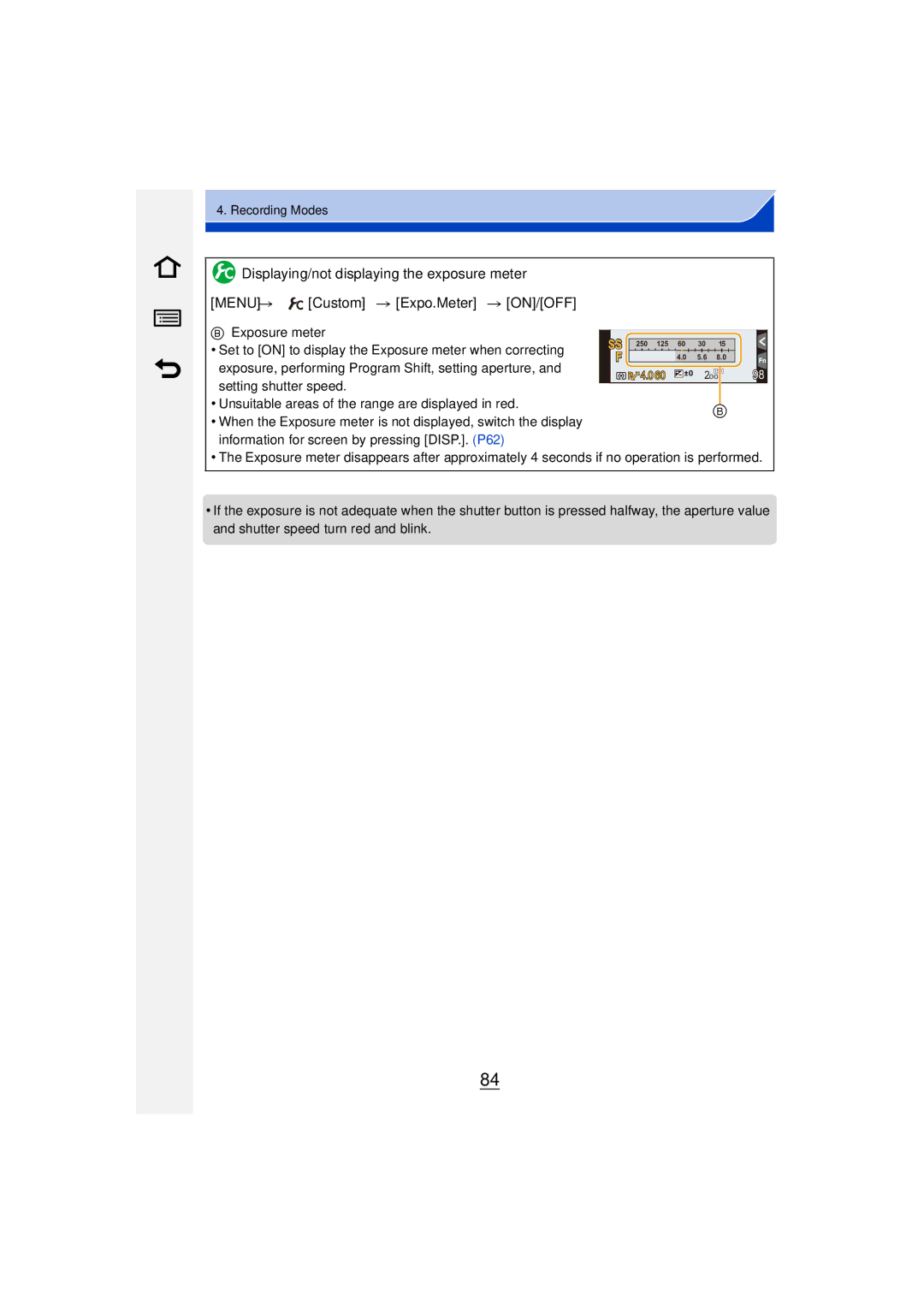 Panasonic DMC-GM1 owner manual Exposure, performing Program Shift, setting aperture 