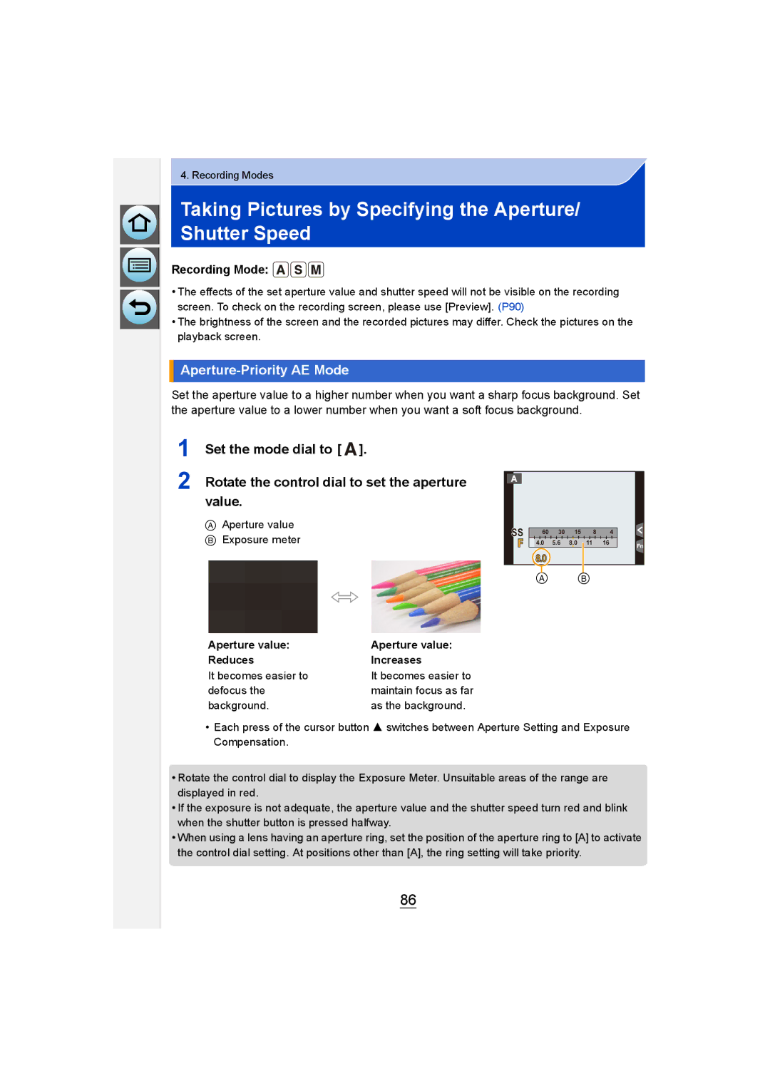 Panasonic DMC-GM1 owner manual Taking Pictures by Specifying the Aperture/ Shutter Speed, Aperture-Priority AE Mode, Value 