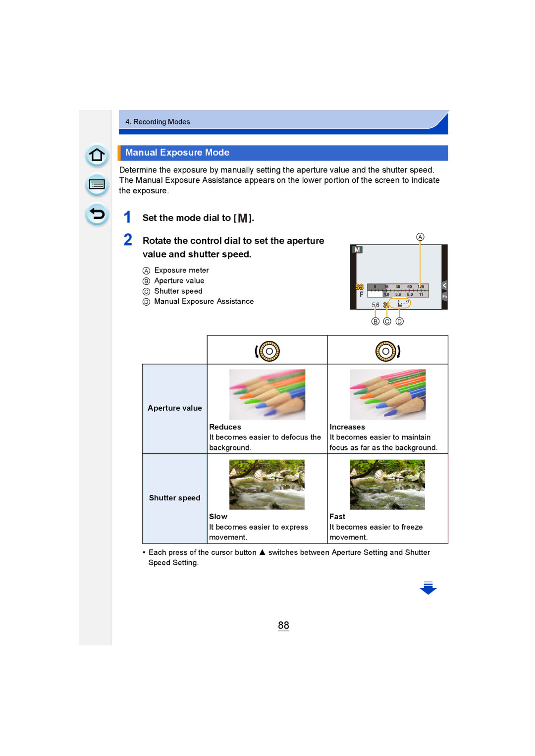 Panasonic DMC-GM1 owner manual Manual Exposure Mode, Aperture value Reduces Increases, Shutter speed Slow Fast 