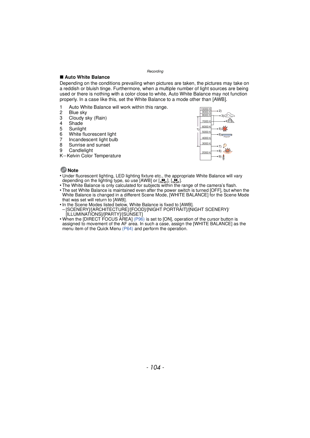 Panasonic DMC-GX1, DMCGX1SBODY, DMCGX1KBODY, DMCGX1XS owner manual 104, Auto White Balance 