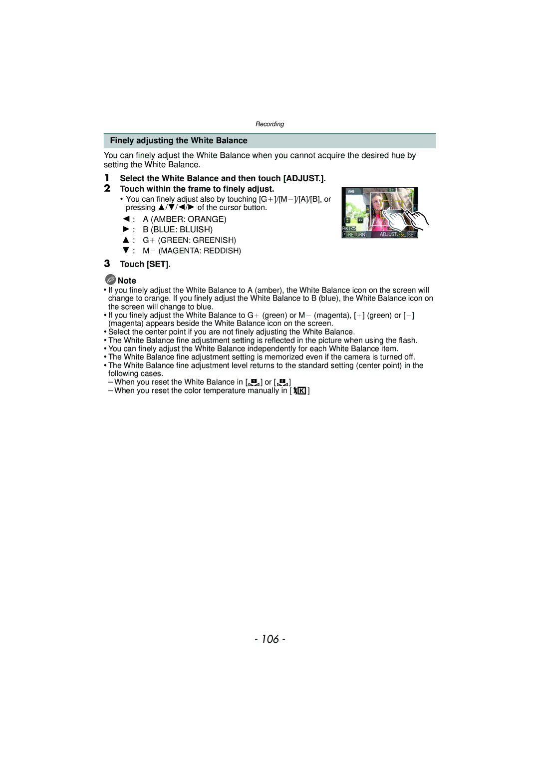 Panasonic DMCGX1KBODY, DMC-GX1, DMCGX1SBODY, DMCGX1XS owner manual 106, Finely adjusting the White Balance 