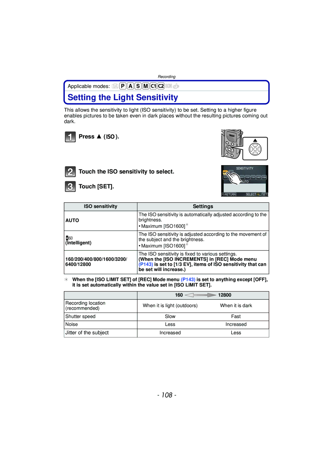 Panasonic DMC-GX1, DMCGX1XS Setting the Light Sensitivity, 108, Press Touch the ISO sensitivity to select Touch SET, Auto 