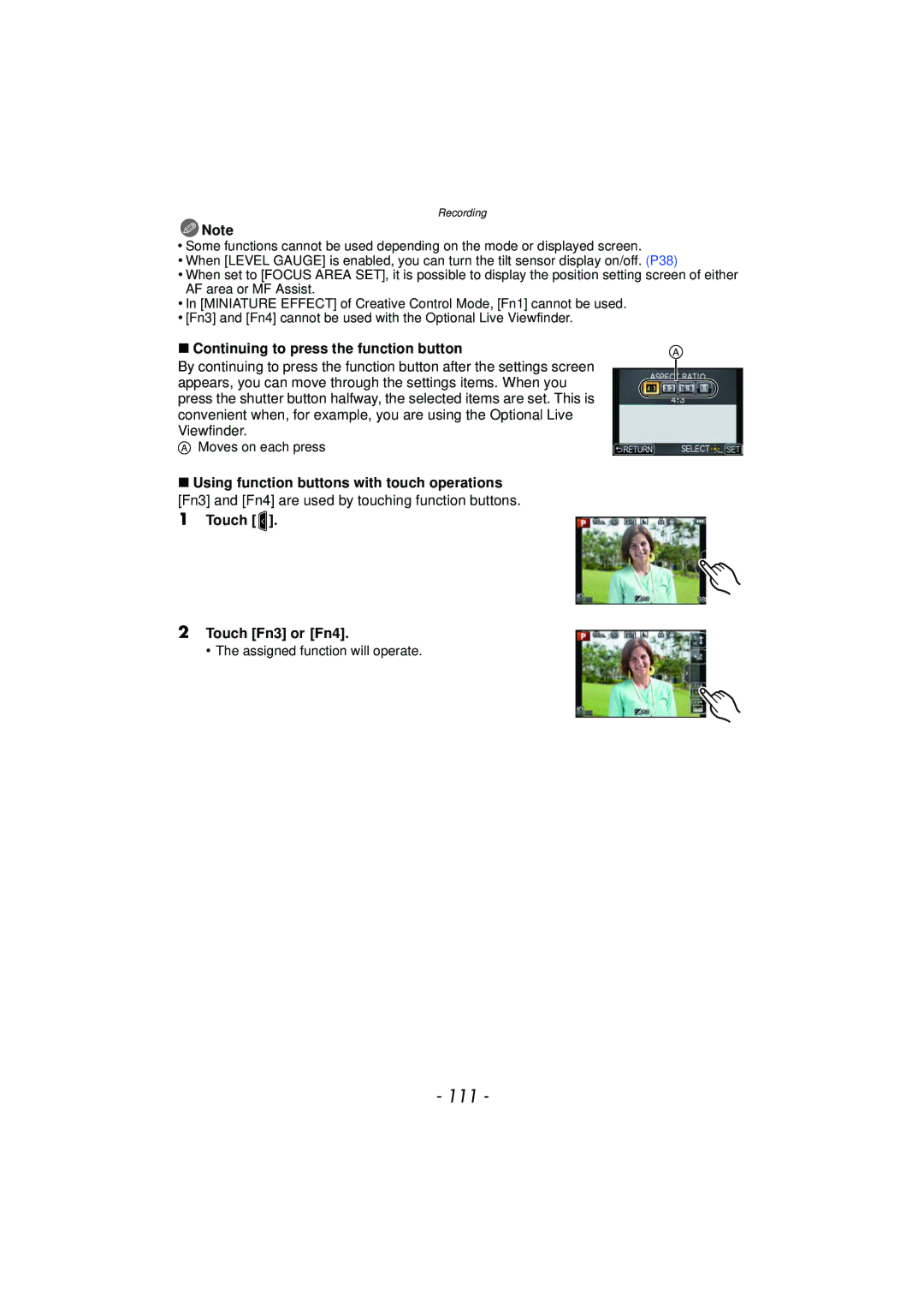 Panasonic DMCGX1XS, DMC-GX1, DMCGX1SBODY, DMCGX1KBODY 111, Continuing to press the function button, Touch Touch Fn3 or Fn4 