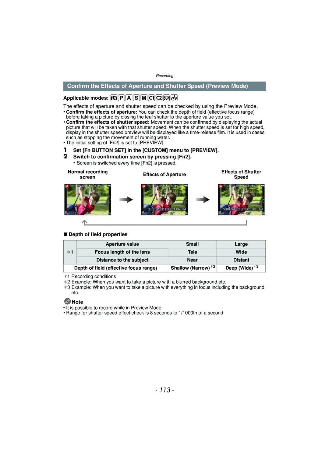 Panasonic DMCGX1SBODY, DMC-GX1, DMCGX1KBODY, DMCGX1XS owner manual 113, Depth of field properties 