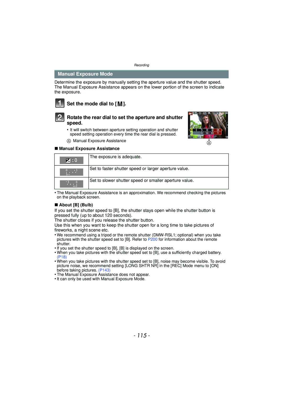 Panasonic DMCGX1XS, DMC-GX1, DMCGX1SBODY, DMCGX1KBODY 115, Manual Exposure Mode, Manual Exposure Assistance, About B Bulb 