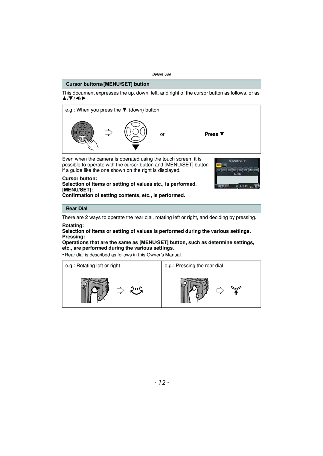 Panasonic DMC-GX1, DMCGX1SBODY, DMCGX1XS Cursor buttons/MENU/SET button, Rotating left or right Pressing the rear dial 