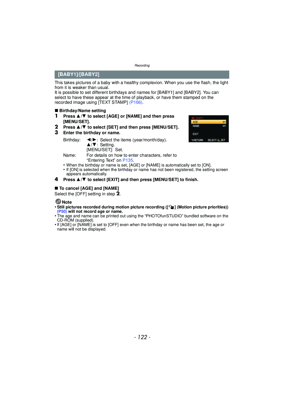 Panasonic DMCGX1KBODY, DMC-GX1, DMCGX1SBODY, DMCGX1XS owner manual 122, BABY1/BABY2, Entering Text on P135 