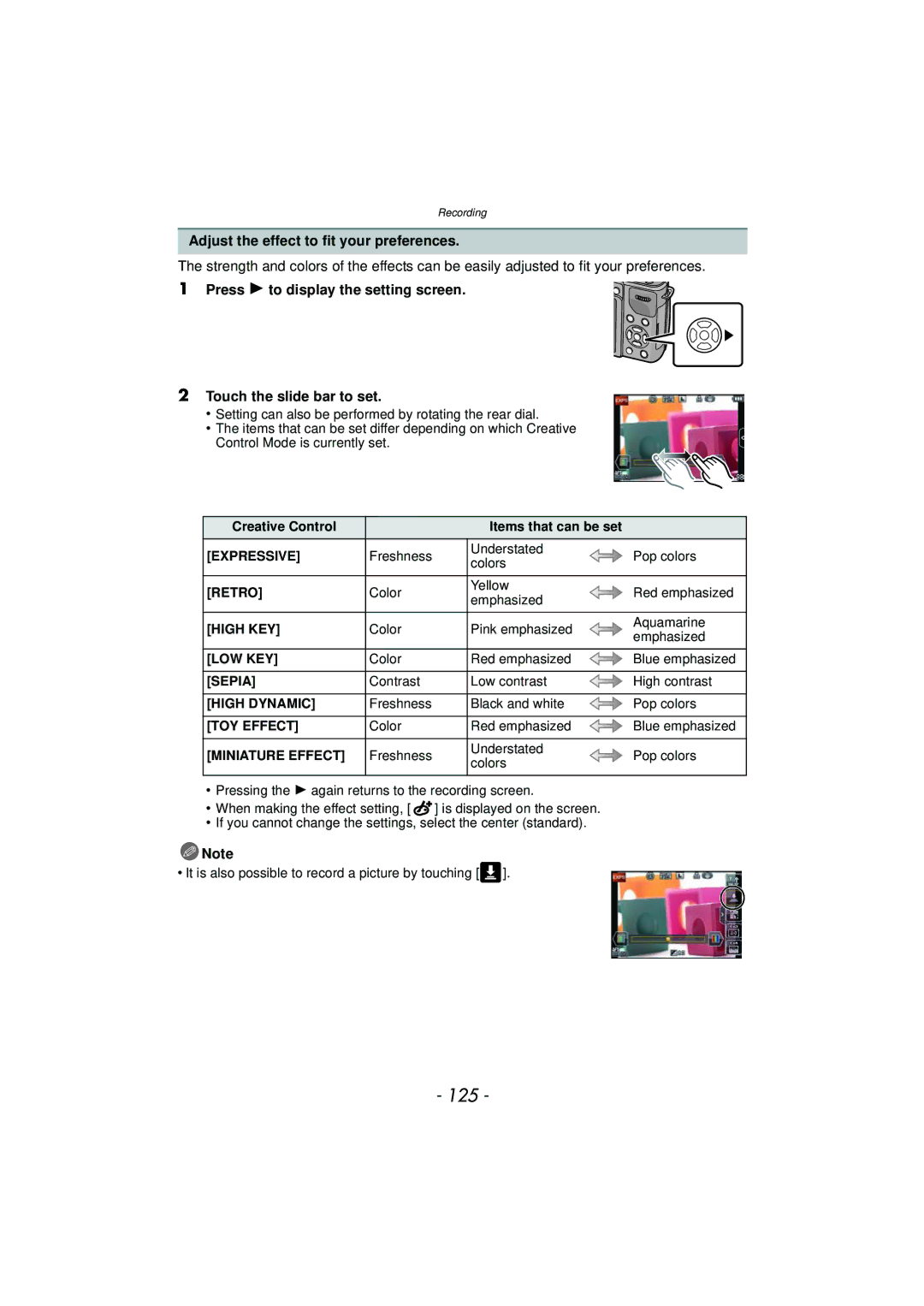 Panasonic DMCGX1SBODY, DMC-GX1 125, Adjust the effect to fit your preferences, Creative Control Items that can be set 