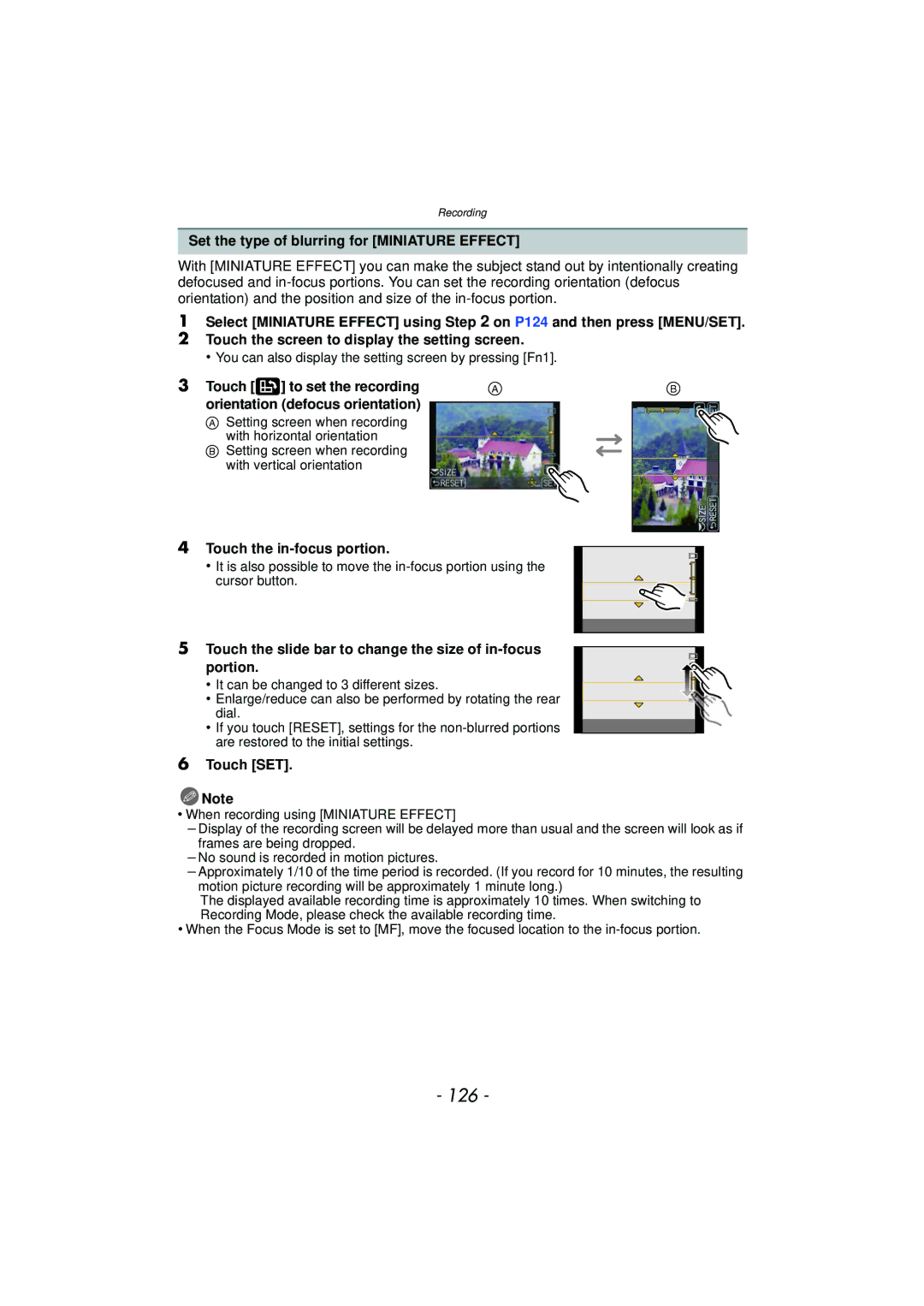 Panasonic DMCGX1KBODY, DMC-GX1, DMCGX1SBODY 126, Set the type of blurring for Miniature Effect, Touch the in-focus portion 