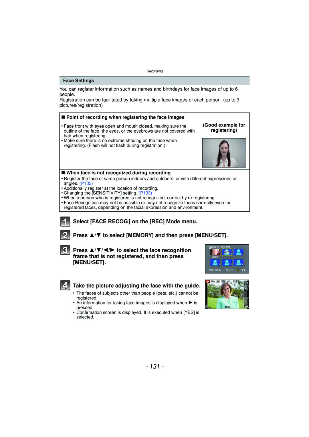 Panasonic DMCGX1XS, DMC-GX1, DMCGX1SBODY owner manual 131, Face Settings, Point of recording when registering the face images 