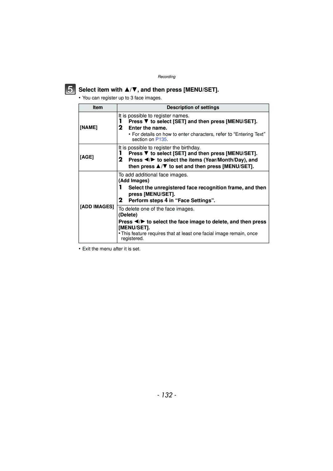 Panasonic DMC-GX1, DMCGX1SBODY, DMCGX1KBODY, DMCGX1XS 132, Select item with 3/4, and then press MENU/SET, Menu/Set 