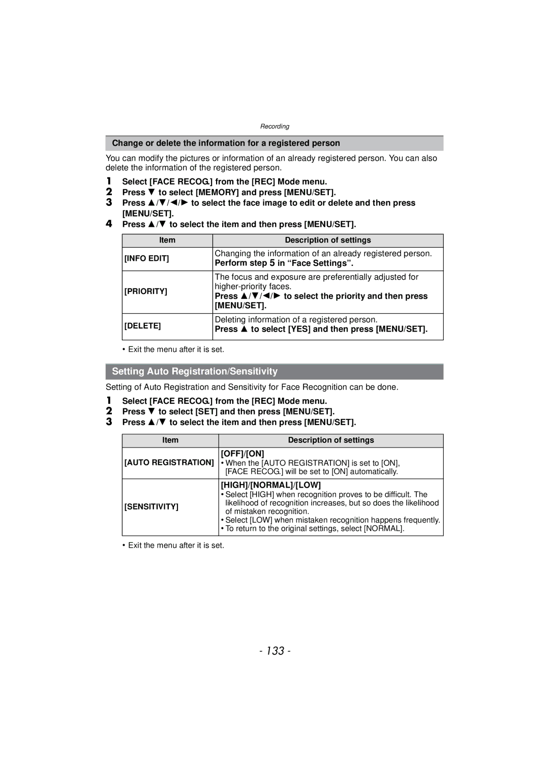 Panasonic DMCGX1SBODY, DMC-GX1, DMCGX1KBODY, DMCGX1XS owner manual 133, Setting Auto Registration/Sensitivity, High/Normal/Low 