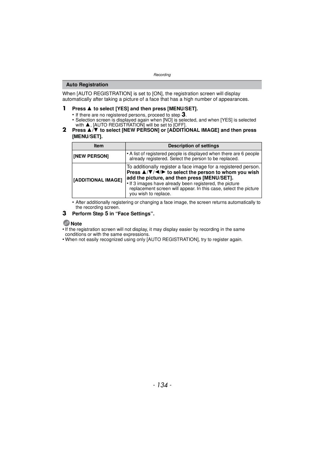 Panasonic DMCGX1KBODY 134, Auto Registration, Add the picture, and then press MENU/SET, NEW Person, Additional Image 