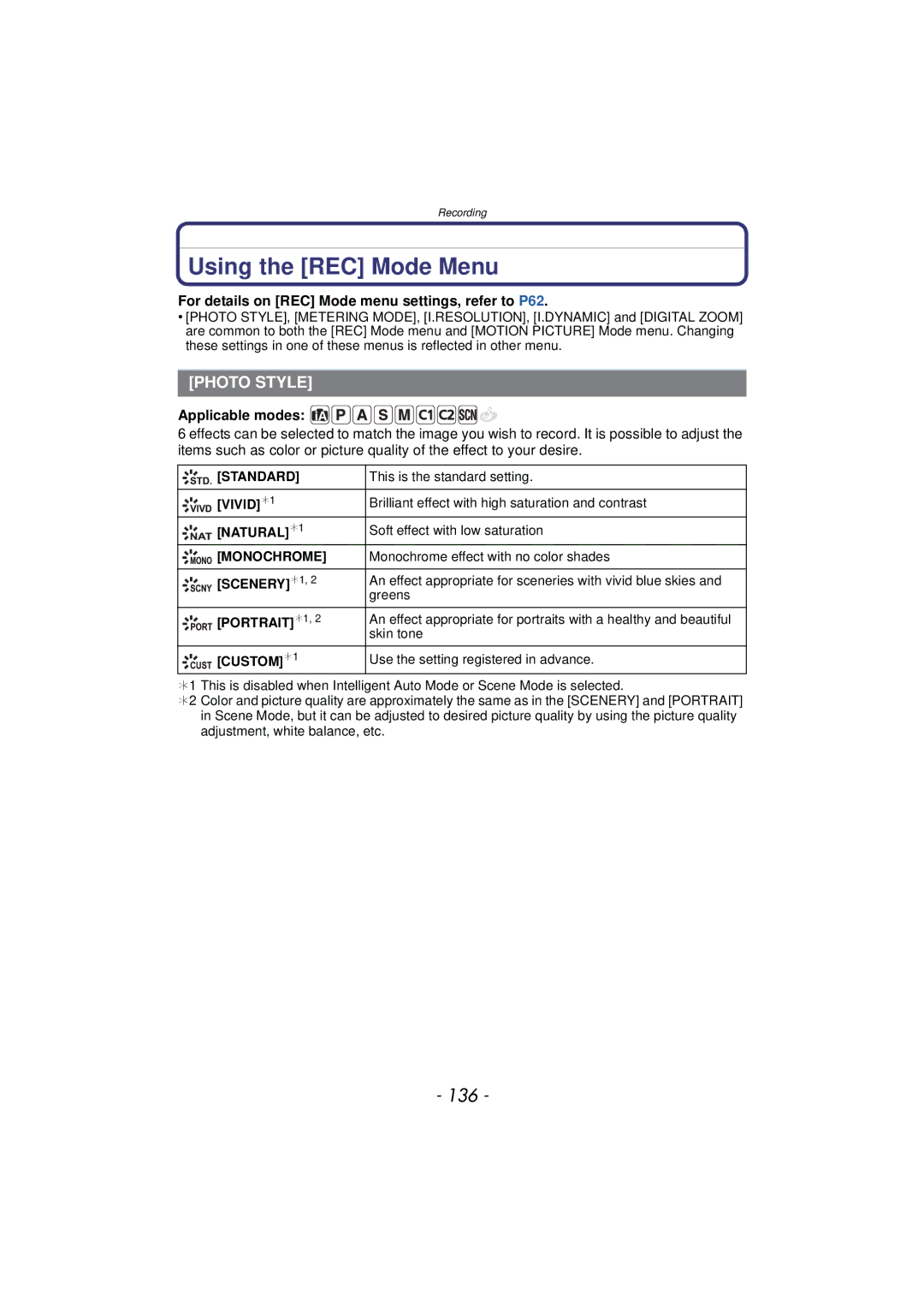 Panasonic DMC-GX1, DMCGX1XS Using the REC Mode Menu, 136, Photo Style, For details on REC Mode menu settings, refer to P62 