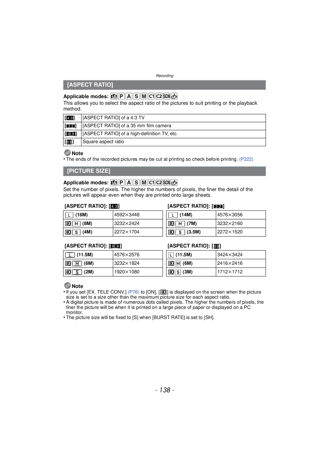 Panasonic DMCGX1KBODY, DMC-GX1, DMCGX1SBODY, DMCGX1XS owner manual 138, Aspect Ratio, Picture Size 