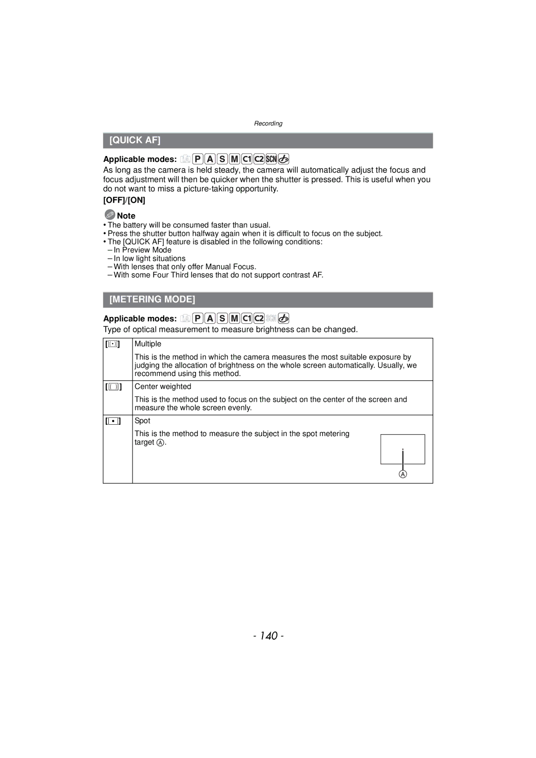 Panasonic DMC-GX1, DMCGX1SBODY, DMCGX1KBODY, DMCGX1XS owner manual 140, Quick AF, Metering Mode, OFF/ON Note 