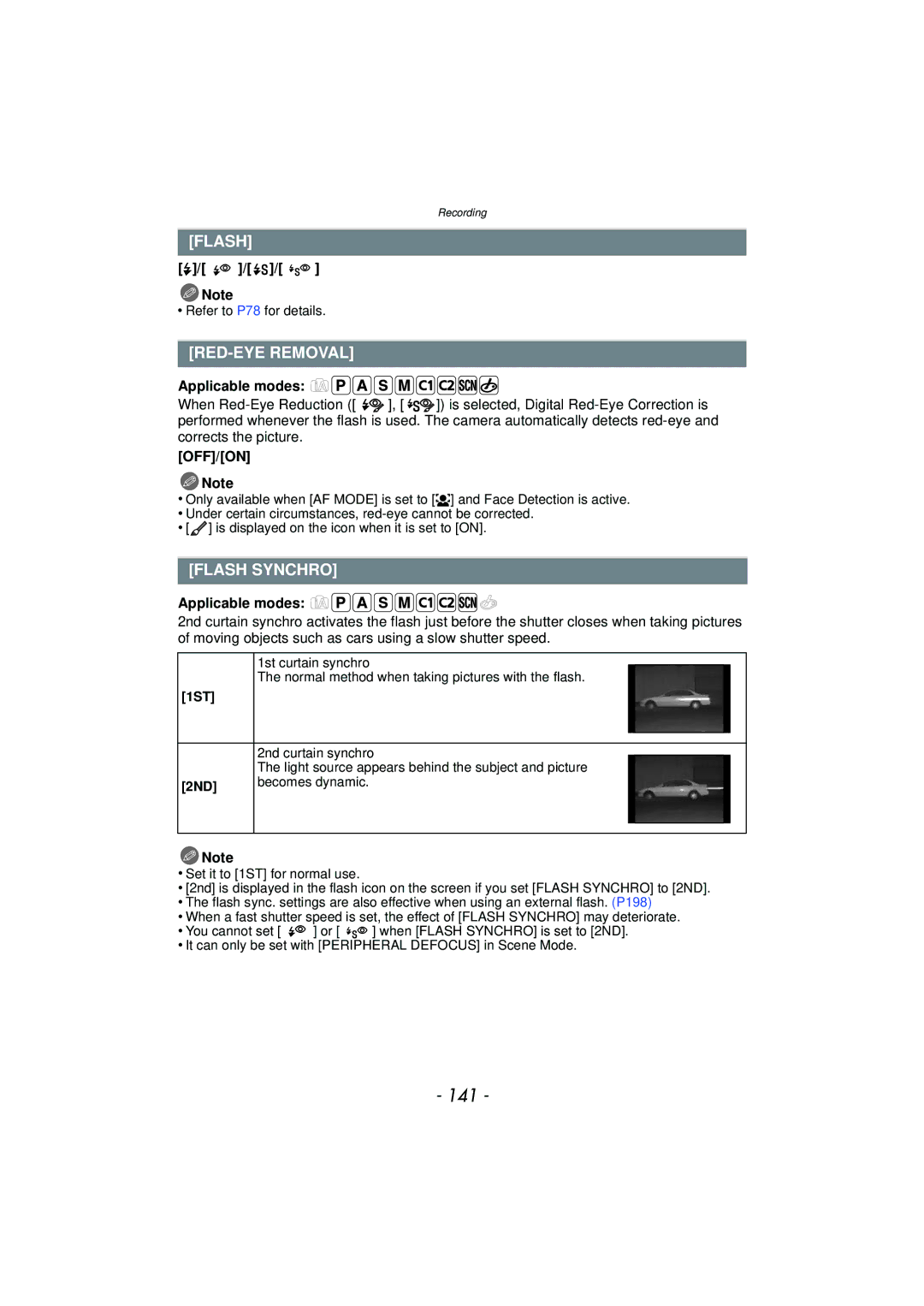 Panasonic DMCGX1SBODY, DMC-GX1, DMCGX1KBODY, DMCGX1XS owner manual 141, RED-EYE Removal, Flash Synchro 