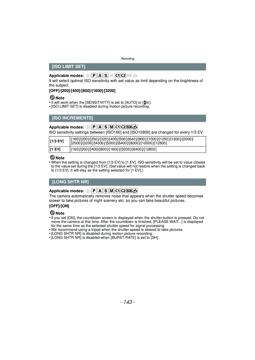 Panasonic DMCGX1XS, DMC-GX1, DMCGX1SBODY, DMCGX1KBODY owner manual 143, ISO Limit SET, ISO Increments, Long Shtr NR 