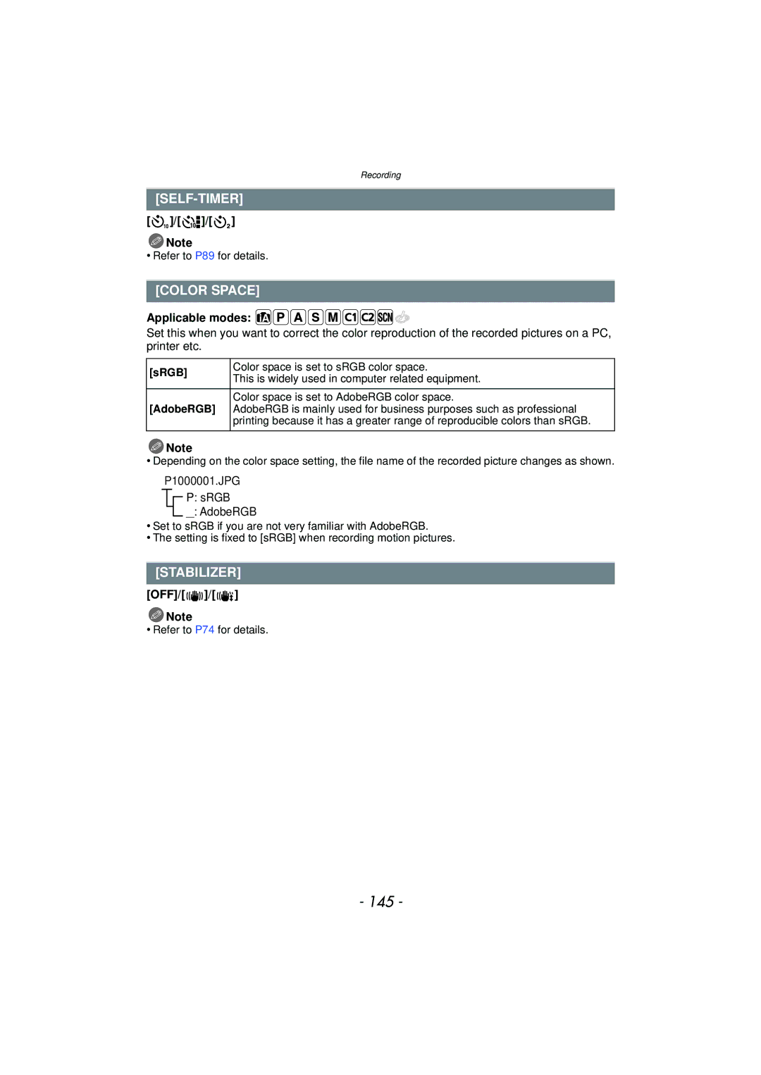 Panasonic DMCGX1SBODY, DMC-GX1, DMCGX1KBODY, DMCGX1XS owner manual 145, Self-Timer, Color Space, Stabilizer, Off 