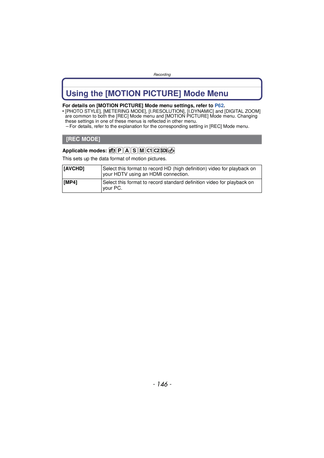 Panasonic DMCGX1KBODY, DMC-GX1, DMCGX1SBODY, DMCGX1XS owner manual Using the Motion Picture Mode Menu, 146, REC Mode 