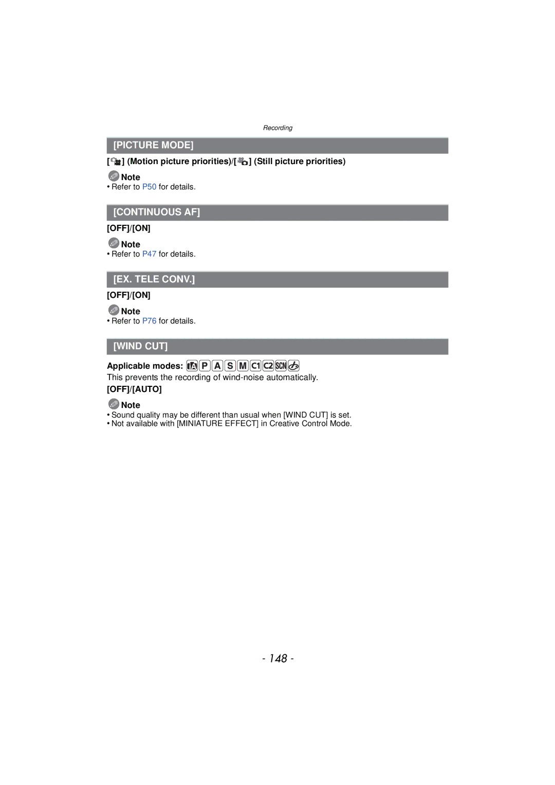 Panasonic DMC-GX1, DMCGX1SBODY, DMCGX1KBODY, DMCGX1XS owner manual 148, Picture Mode, Continuous AF, Wind CUT 