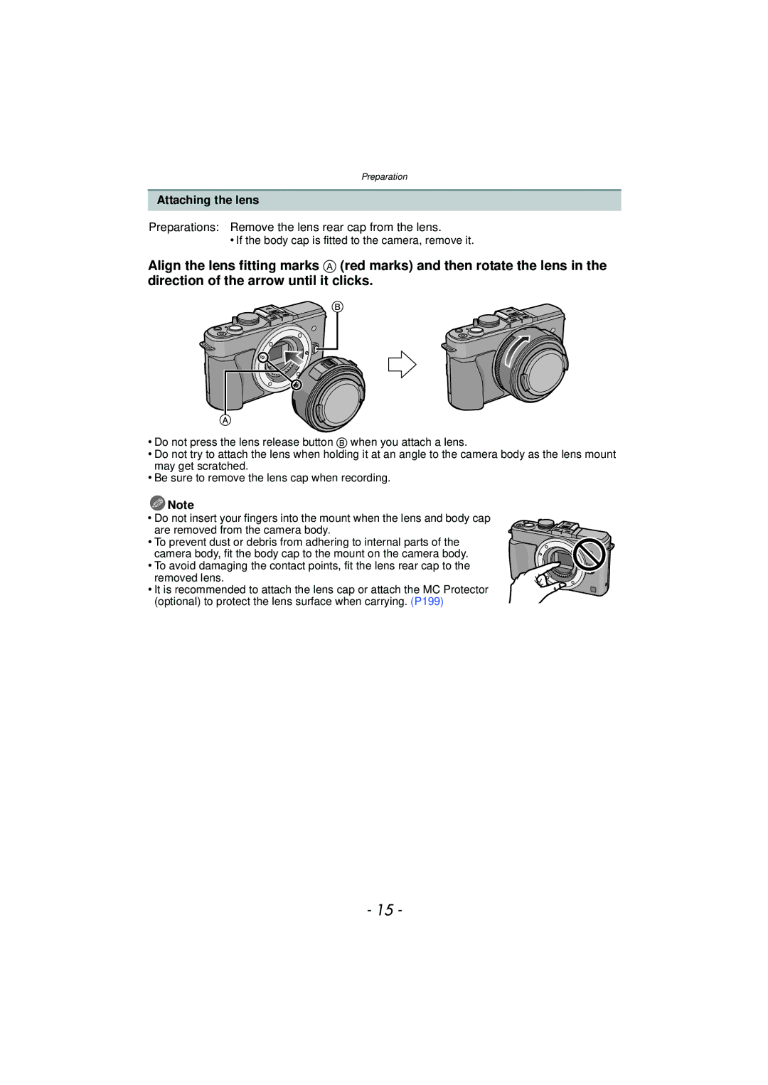 Panasonic DMCGX1XS, DMC-GX1, DMCGX1SBODY owner manual Attaching the lens, Preparations Remove the lens rear cap from the lens 