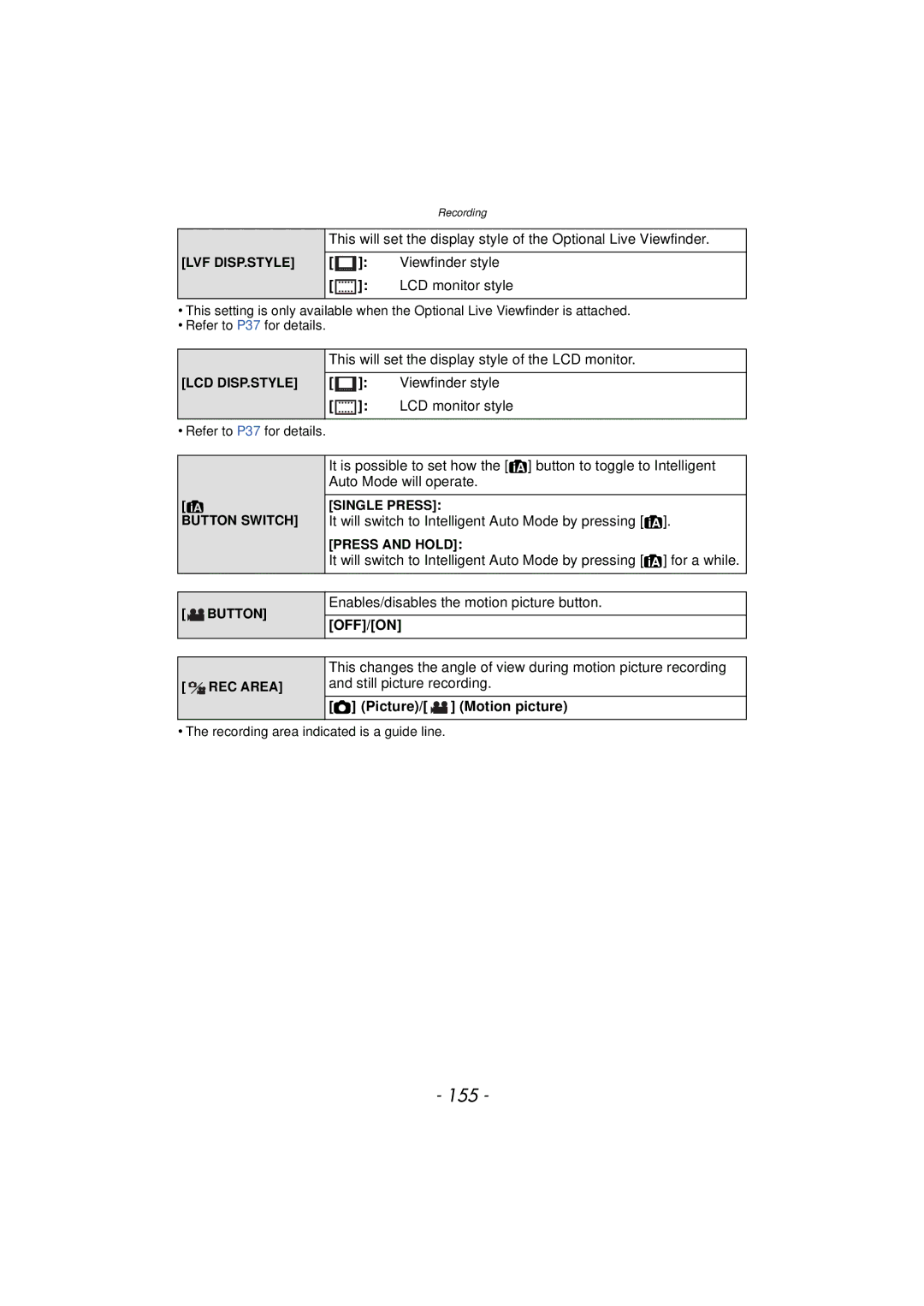 Panasonic DMCGX1XS 155, This will set the display style of the LCD monitor, Enables/disables the motion picture button 