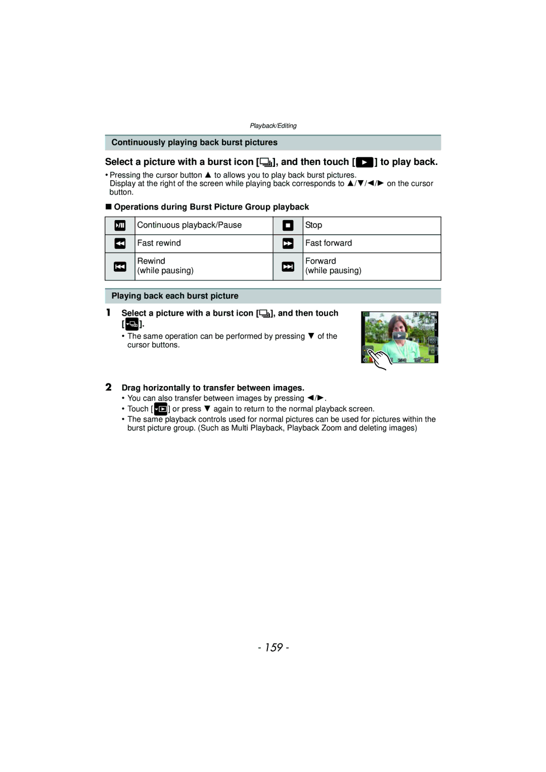 Panasonic DMCGX1XS, DMC-GX1 159, Continuously playing back burst pictures, Operations during Burst Picture Group playback 