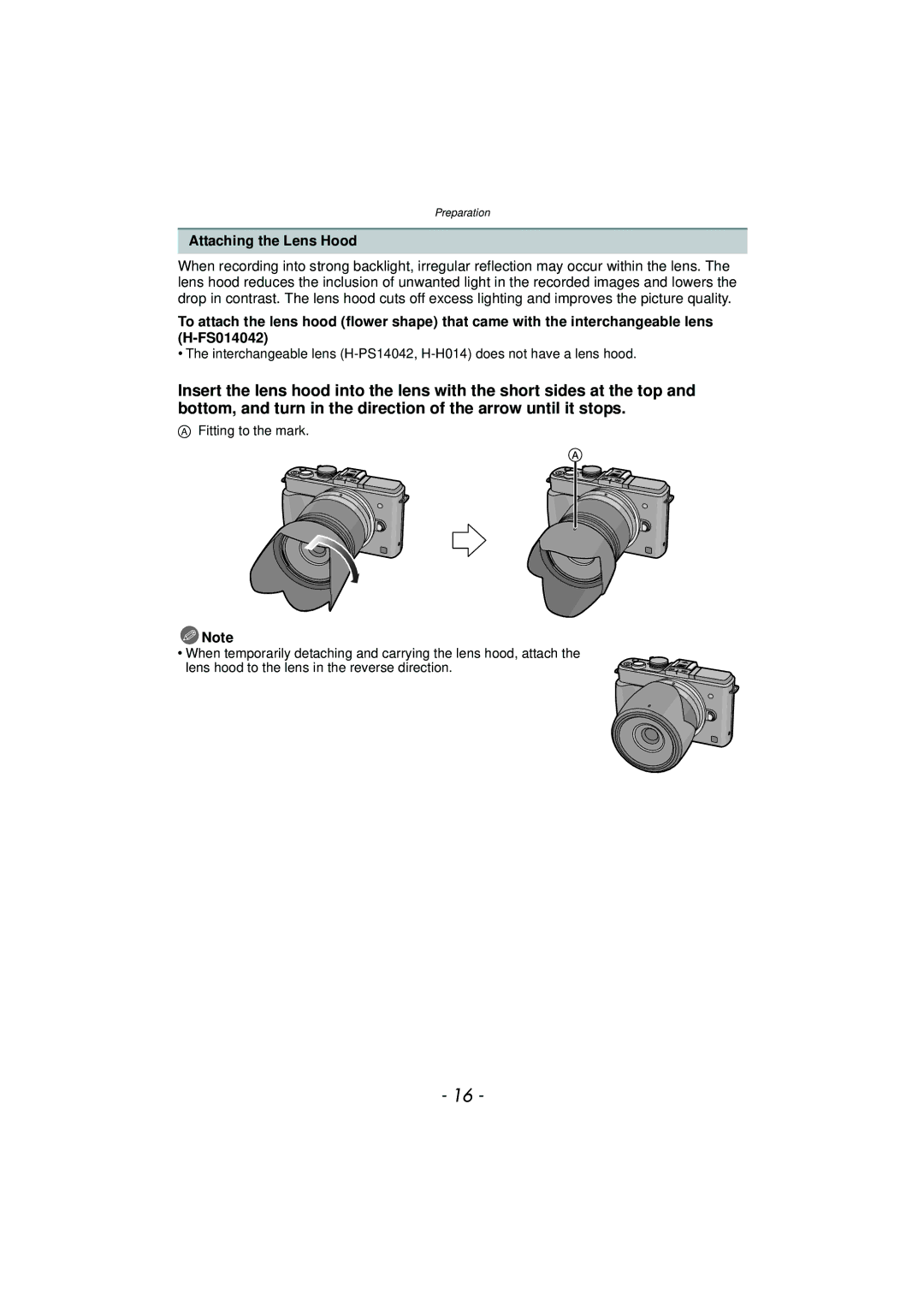 Panasonic DMC-GX1, DMCGX1SBODY, DMCGX1KBODY, DMCGX1XS owner manual Attaching the Lens Hood 