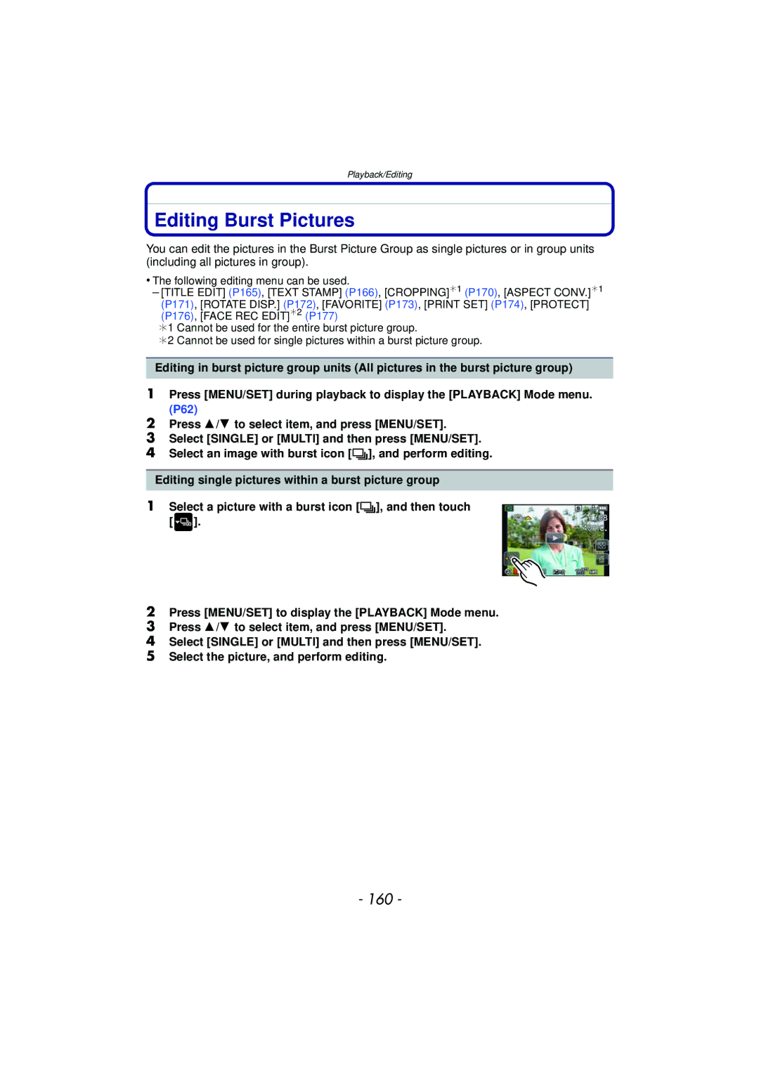 Panasonic DMC-GX1, DMCGX1SBODY, DMCGX1KBODY, DMCGX1XS owner manual Editing Burst Pictures, 160 